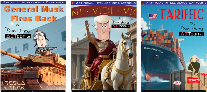 Three political poster-style images: a tank, a rider on horseback, and a ship in front of a city skyline.