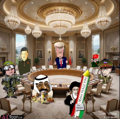 Cartoon leaders around a conference table in an ornate room, with a large chandelier overhead.
