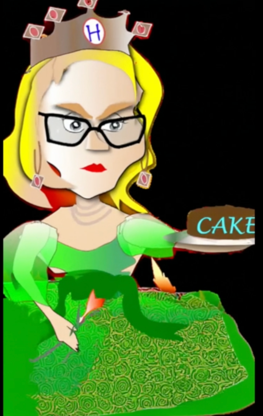 Cartoon woman with glasses in a green dress holding a cake, on a bright green background