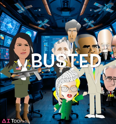 Cartoon figures in a control room with “BUSTED” in bold white text across the center.