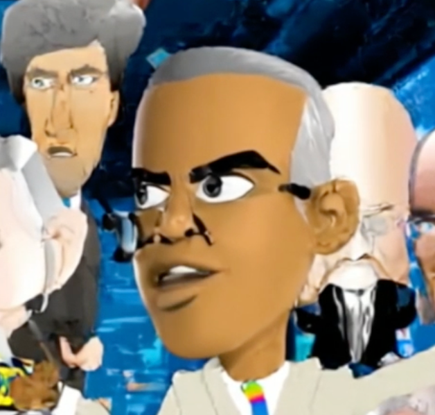 Stylized cartoon figures in suits on a blue abstract background, with one man in the foreground.