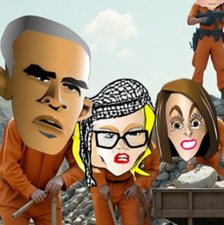 Cartoon figures in orange outfits with oversized heads, holding tools near a truck outdoors