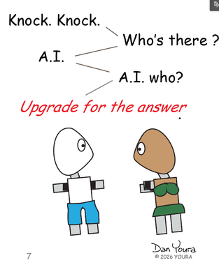 Comic-style knock-knock joke with two cartoon figures and the red text “Upgrade for the answer”