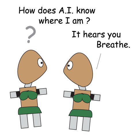 Cartoon of two beige figures with a caption: “How does A.I. know where I am? It hears you Breathe.”