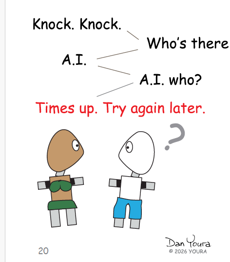 Comic of two stick-figure robots; one says “A.I.” and “A.I. who?” with “Times up. Try again later.”