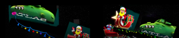 Clown-themed stage scene with a red sleigh and green balloon-like props on a dark background