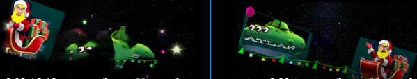 Split image of a clown face, colorful cartoon train, and glowing lights on a black background