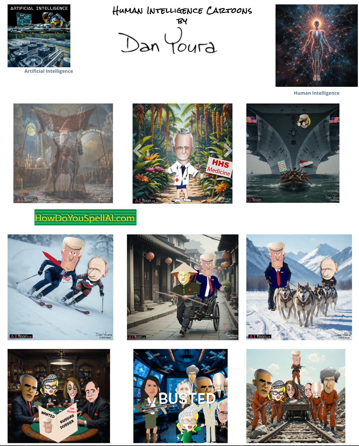 Collage of Dan Yoro artworks, including fantasy scenes, portraits, and colorful illustrated covers