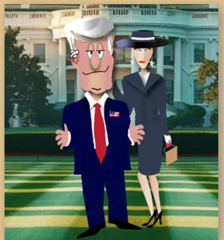 Cartoon of two suited figures standing before the White House, one in a red tie and one in a dark skirt suit.