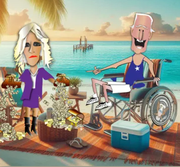 Two cartoon figures on a beach deck by turquoise water, one in a wheelchair, with a cooler and fishing gear nearby