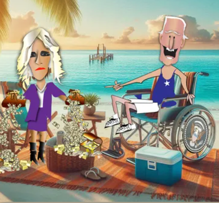 Two cartoon figures on a beach deck by turquoise water, one in a wheelchair, with a cooler and fishing gear nearby