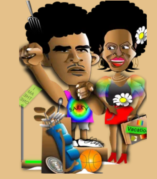 Stylized cartoon of a couple with golf clubs, daisy flowers, and a colorful outfit, standing by a golf bag and ball.