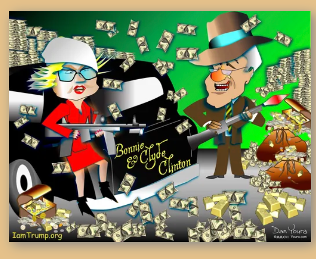 Cartoon caricatures of a woman and man with money flying around and gold bags on a bright green background