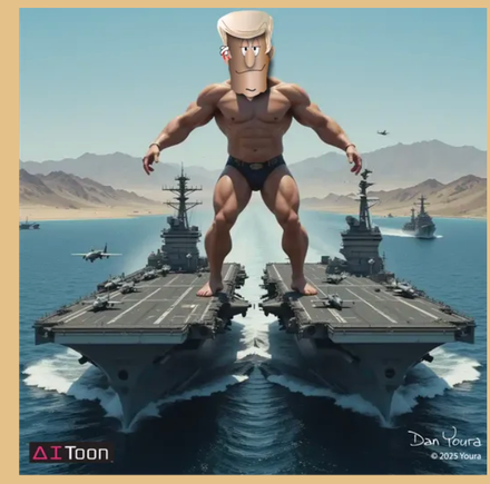Cartoon bodybuilder stands on twin aircraft carriers at sea, with a stylized face and muscular torso.