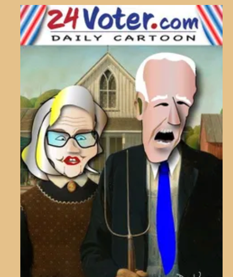 Political cartoon with two figures outside a church, one in glasses and one with a blue tie, under a 24Voter.com banner