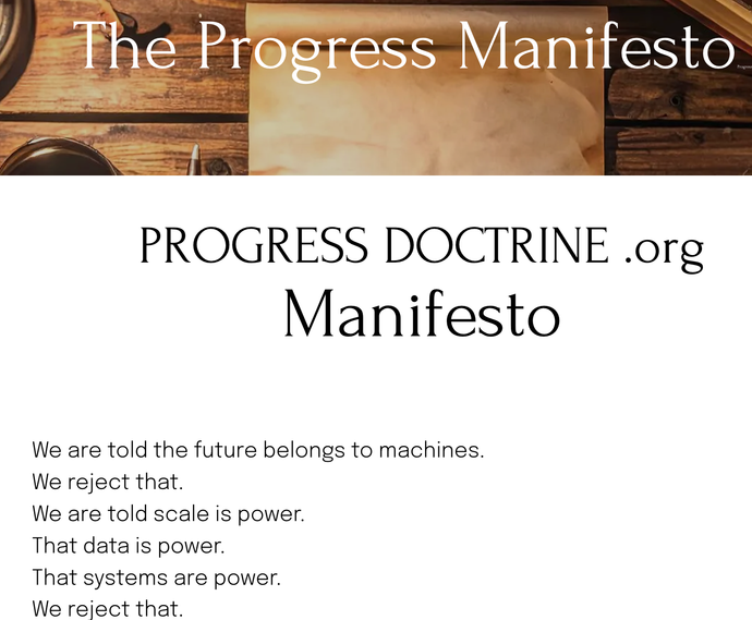 Progress Doctrine.org manifesto with “The Progress Manifesto” header and a list of short statements.
