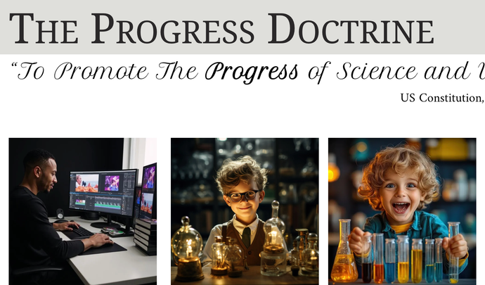 The Progress Doctrine banner with quote and three images of scientists and children in a lab