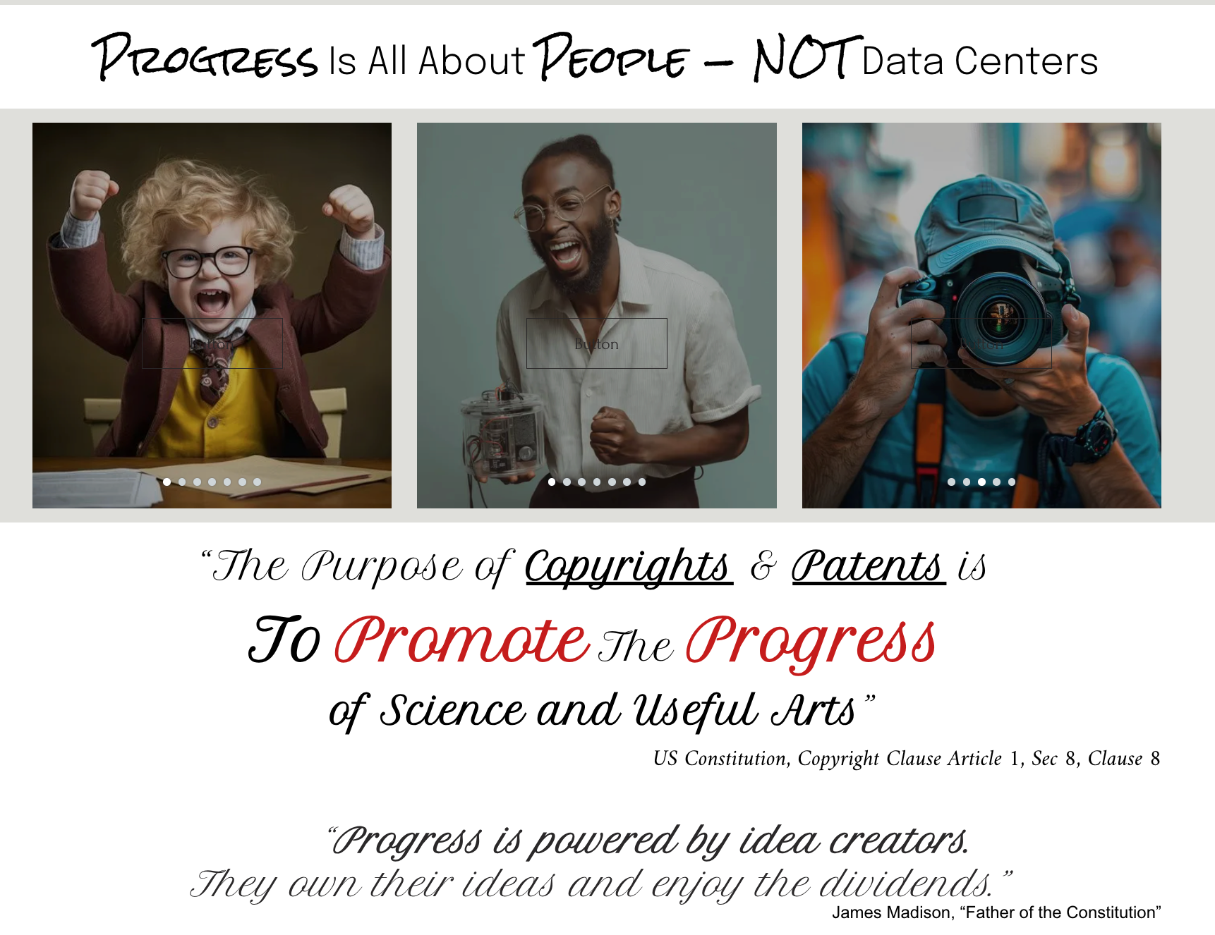 Three side-by-side portraits above a quote about progress, copyright, and patents.