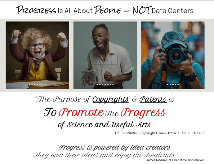 Three side-by-side portraits above a quote about progress, copyright, and patents.