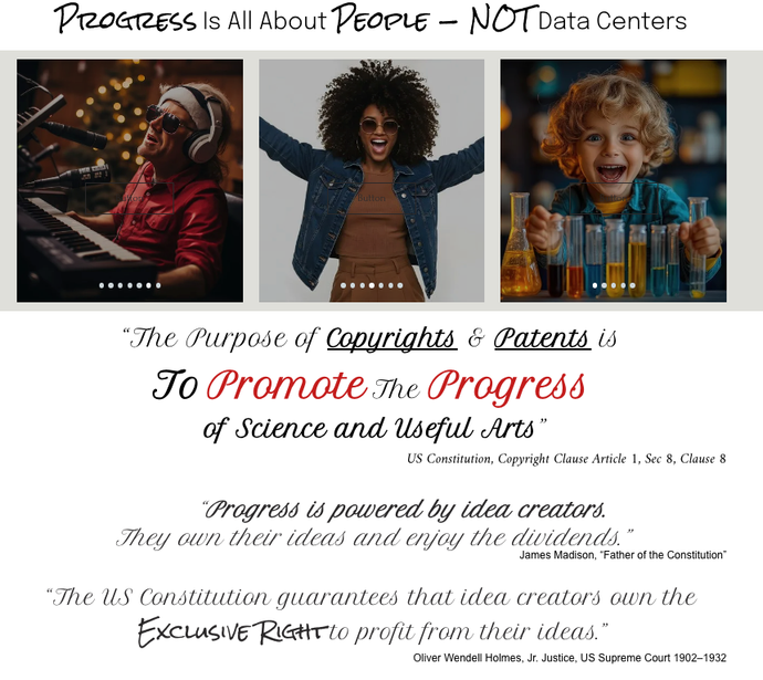 Poster with photos of musicians and children, stating progress is powered by creators and creative works.