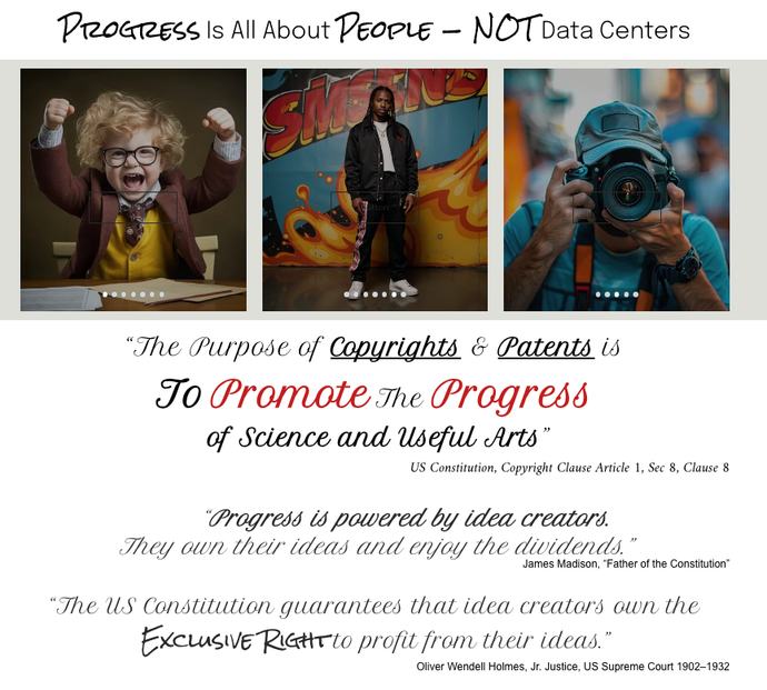 Collage of three people above a quote about copyright and patent law promoting progress and creative arts