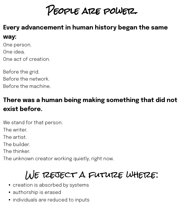 Black-and-white quote poster reading “People are power,” with text about creation and human power.