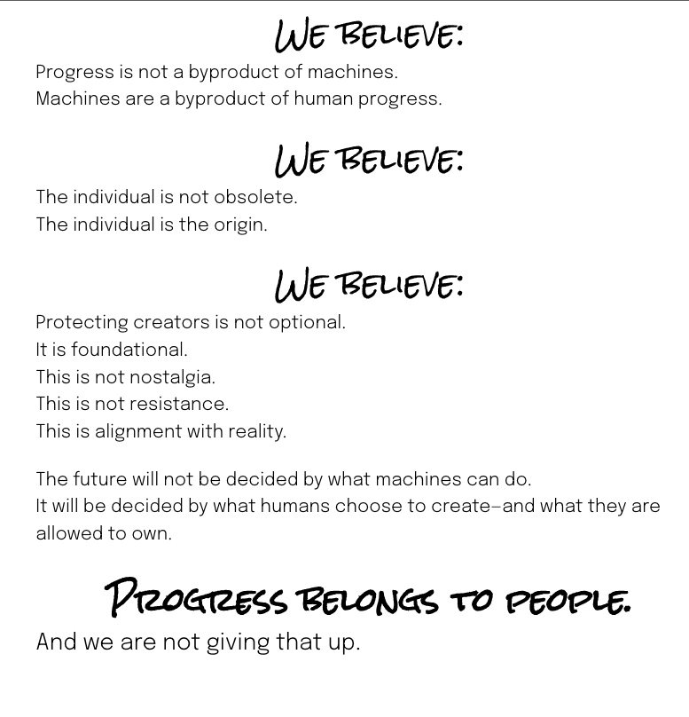 Black text manifesto on white background: “We believe” and “Progress belongs to people.”