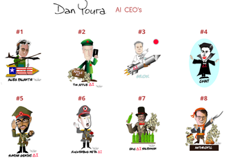 Cartoon lineup of eight “AI CEOs” with numbered characters and logos/icons beneath each.