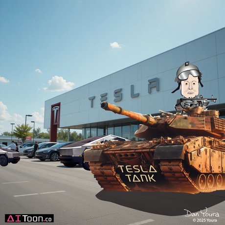 Cartoon tank with “TESLA TANK” text in a Tesla parking lot under a blue sky.
