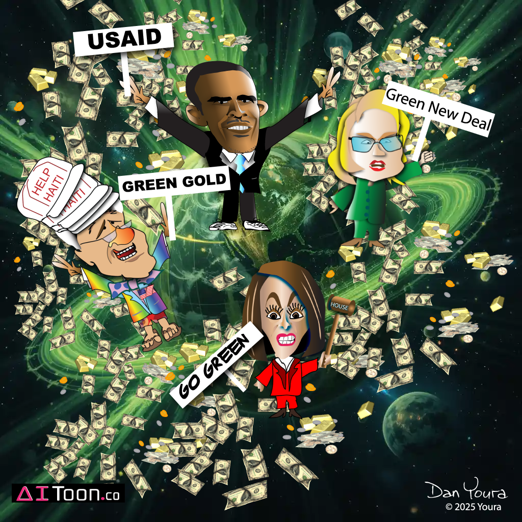 Cartoon figures amid flying cash labeled USAID, Green Gold, Green New Deal, and COP26.