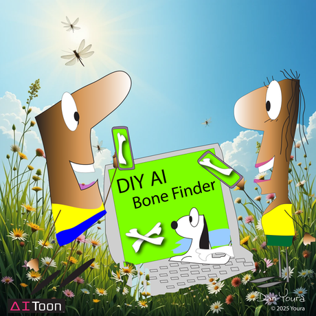 Cartoon of two people in grass holding a bright green “DIY AI Bone Finder” sign with a dog icon.