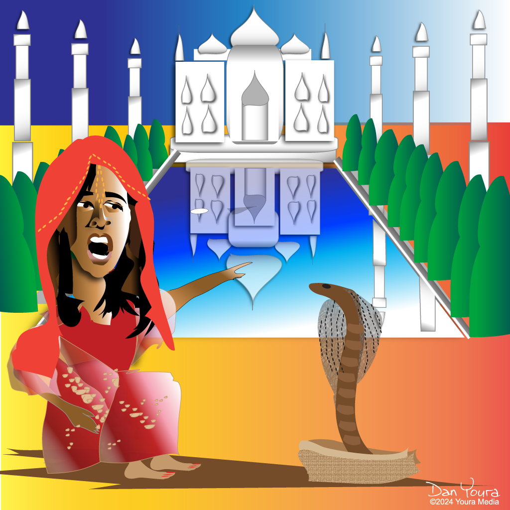 Illustration of a woman in red beside a cobra, with the Taj Mahal in the background.