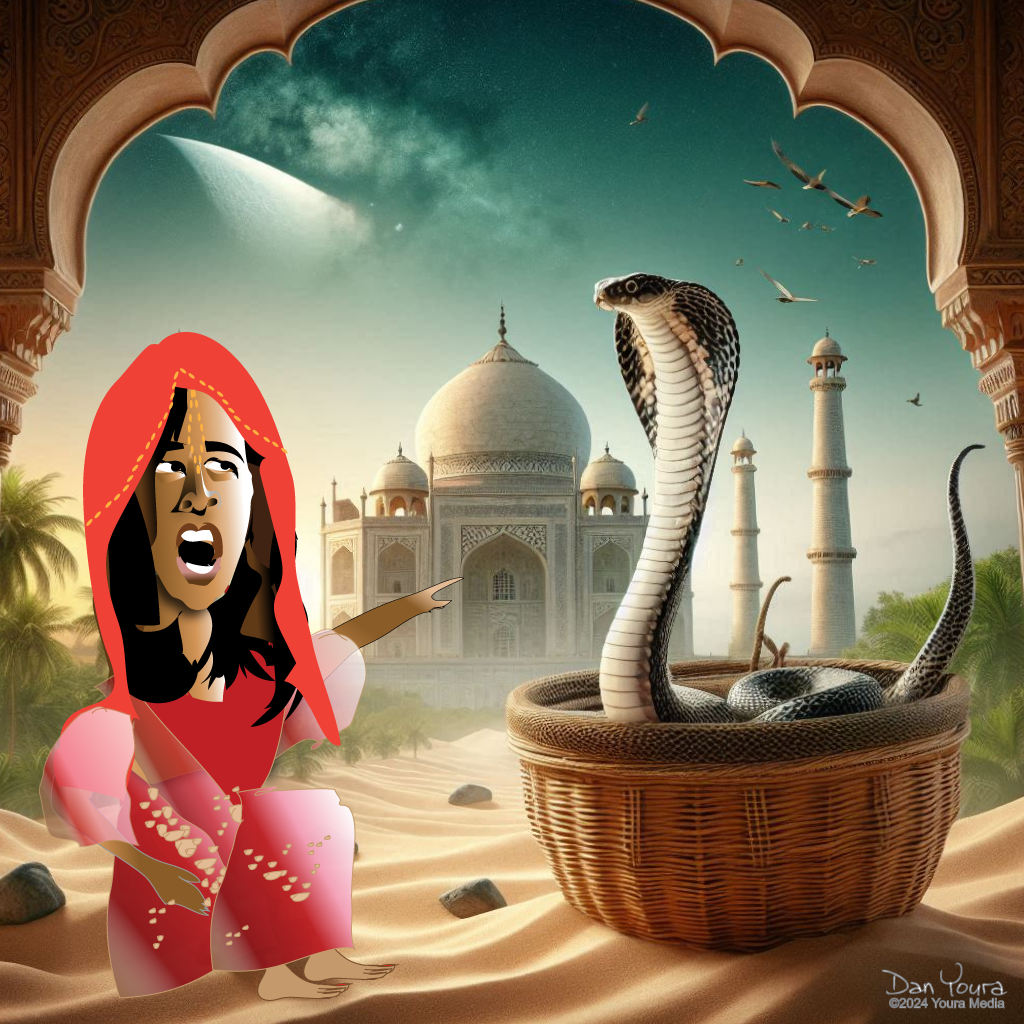 Cartoon snake charmer beside a cobra basket with the Taj Mahal in the desert background