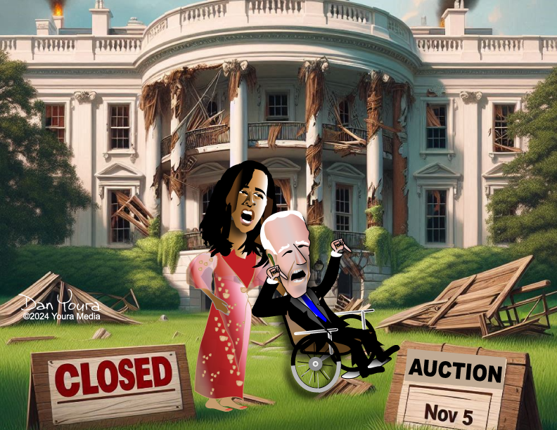 Cartoon leaders in a White House lawn scene with “CLOSED” and “AUCTION Nov 5” signs.