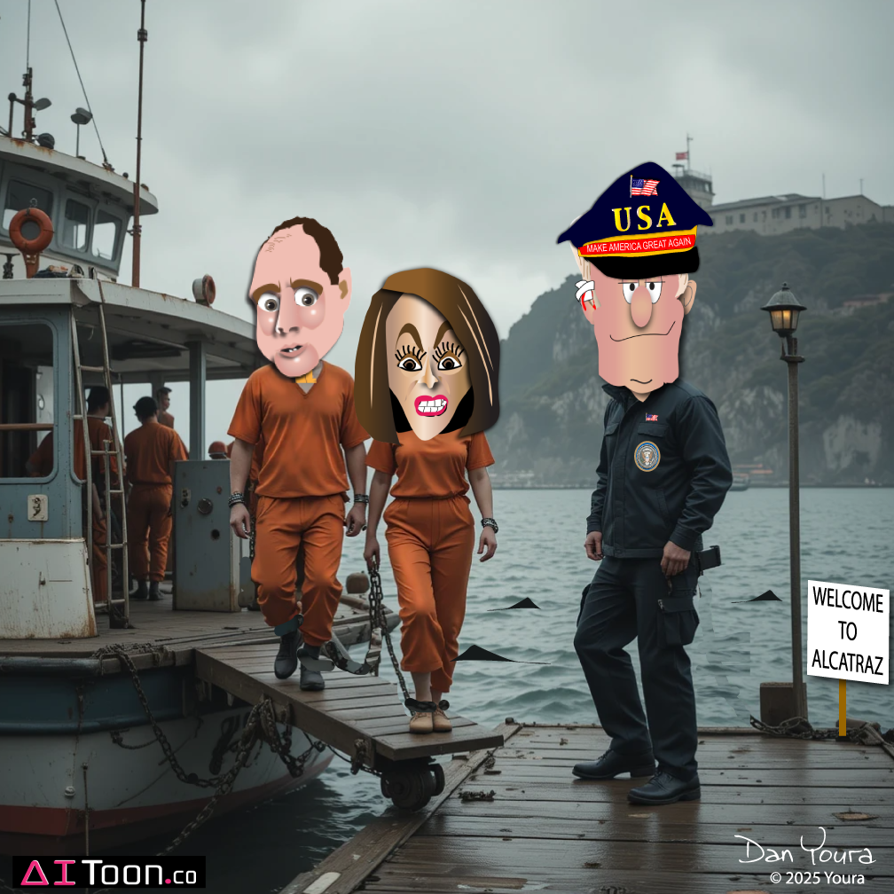 Three cartoon figures in orange suits and a sailor by a rainy dock with a ferry and “Welcome to Alcatraz” sign.