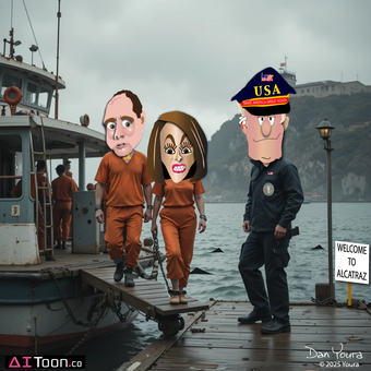Three cartoon figures in orange suits and a sailor by a rainy dock with a ferry and “Welcome to Alcatraz” sign.