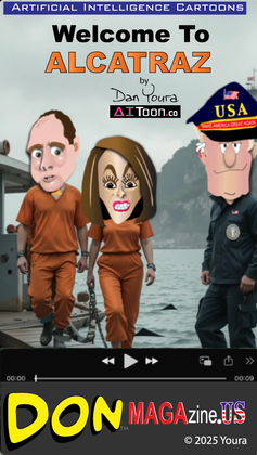 Caricature cover reading “Welcome to Alcatraz” with three figures and Donald Trump labeled “USA.”