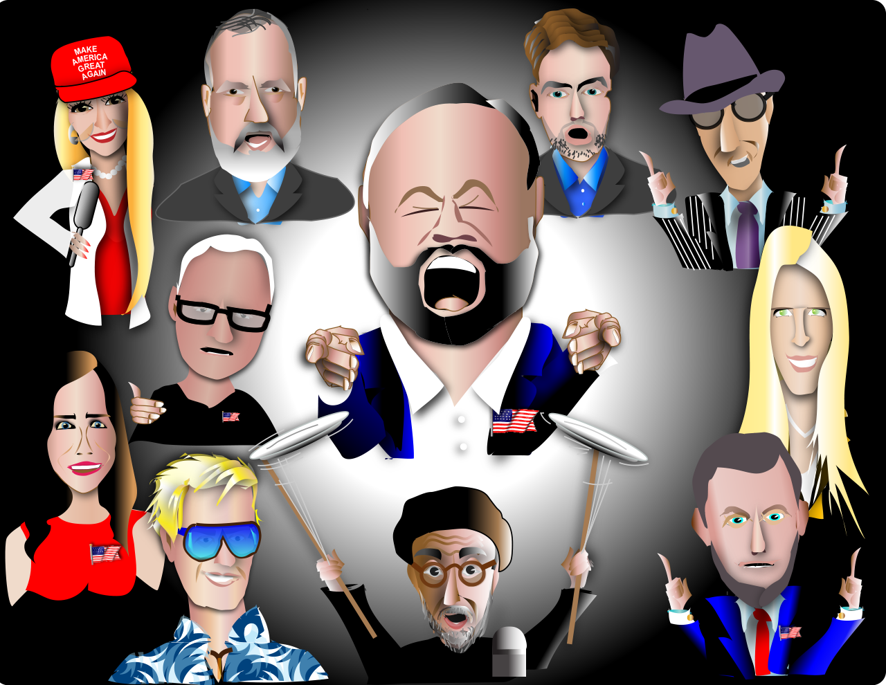 Cartoon group portrait of nine exaggerated characters on a black background, with a shouting man centered.