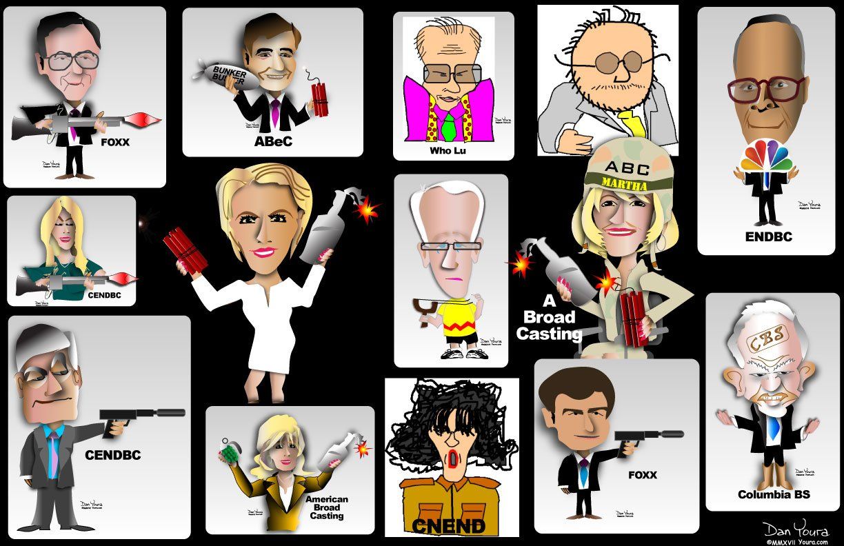 Collage of cartoon-style caricatures of TV news anchors and reporters on a white background
