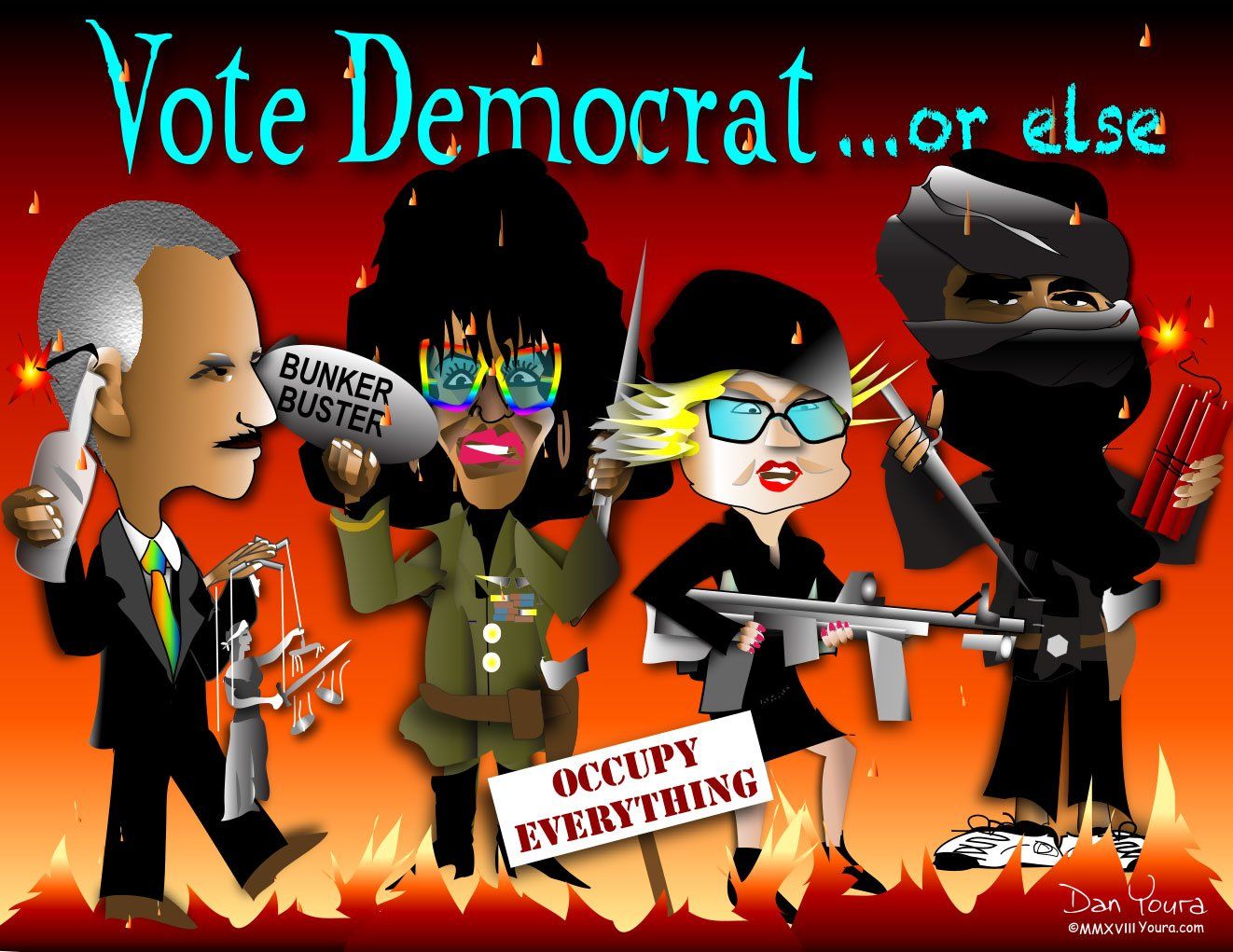 Political cartoon with the text “Vote Democrat...or else,” showing armed characters and flames.