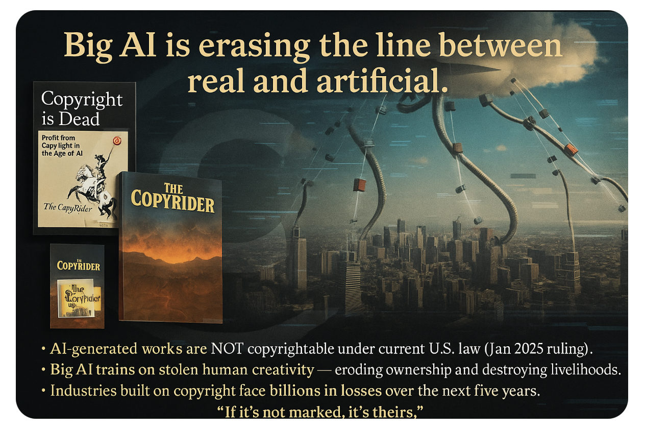 Poster showing AI-generated city and microphones under the headline “Big AI is erasing the line between real and artificial.”
