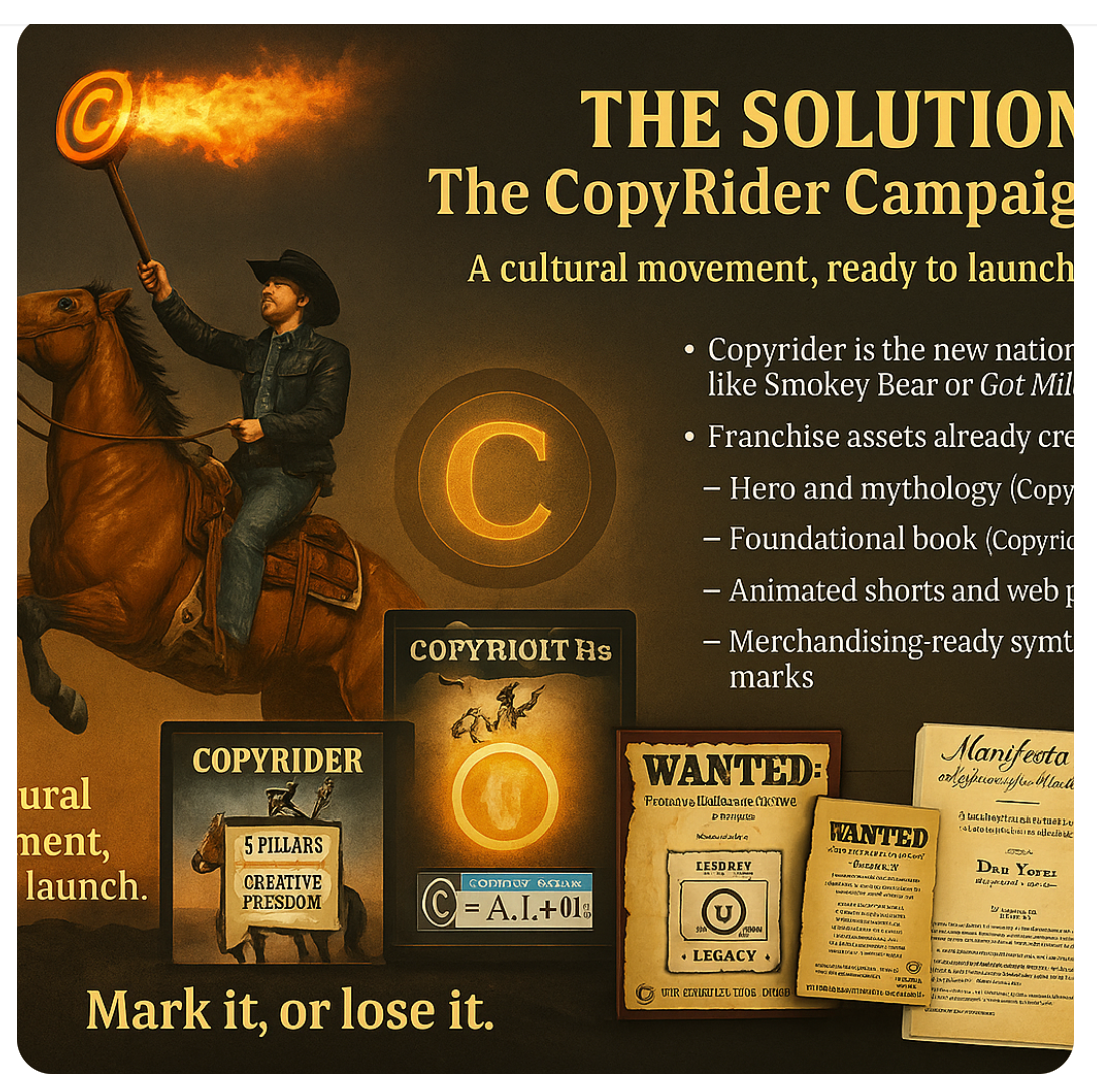 Vintage brown poster for “The CopyRider Campaign” with sepia graphics, large title text, and old-style badges and illustrations