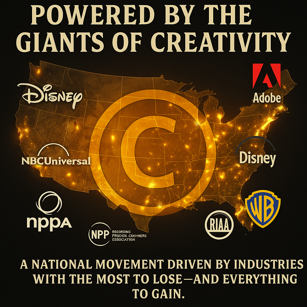 Copyright symbol glowing gold, surrounded by Disney, Adobe, NBCUniversal, and other company logos with anti-piracy text
