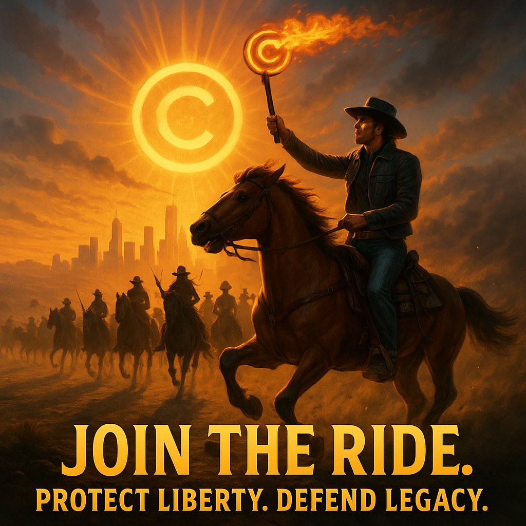 Cowboy on horseback raising a flaming copyright symbol over a sunset city, with “JOIN THE RIDE” text.
