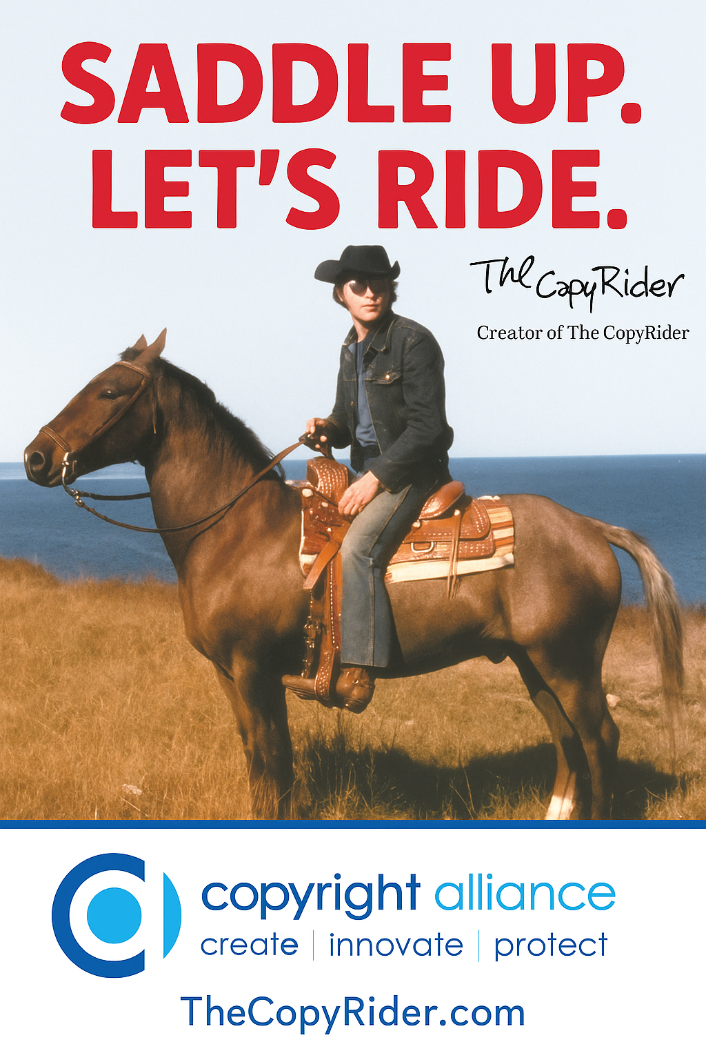 Boy on a brown horse in a field with “SADDLE UP. LET’S RIDE.” text and copyright alliance logo.