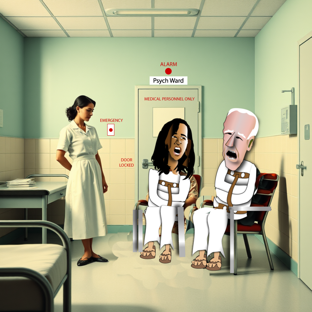 Cartoon therapy waiting room with two seated patients and a nurse near a door labeled “Psych Ward.”