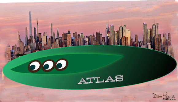 Green ATLAS airship with three windows flying before a pink city skyline at sunset