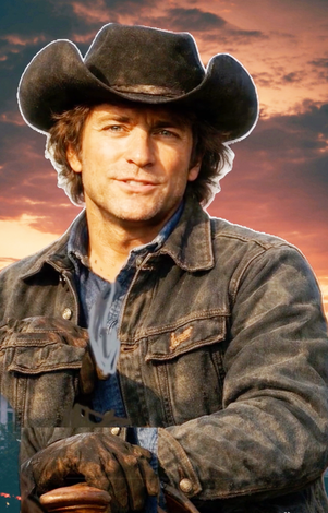 Cowboy in a black hat and denim jacket, standing with crossed arms against a sunset sky.