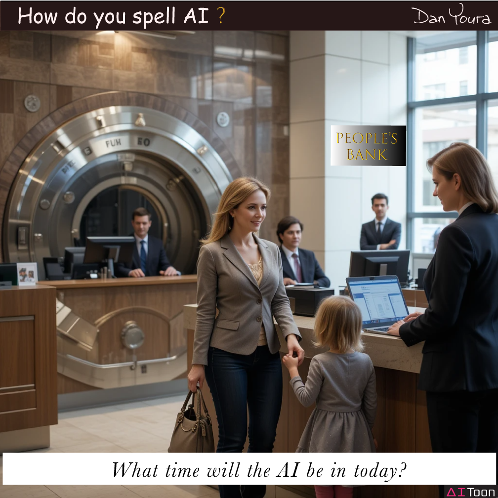 Bank lobby with a large vault door, teller desks, and a woman talking to staff beside a child.