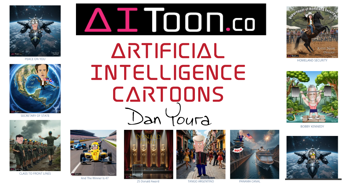 AI Toon.co banner with “Artificial Intelligence Cartoons” and a collage of cartoon scenes around the title